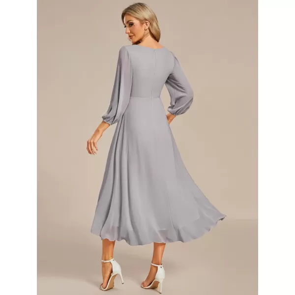 imageEverPretty Womens Chiffon V Neck Long Sleeves Pleated ALine Midi Length Wedding Guest Dress 01926Grey