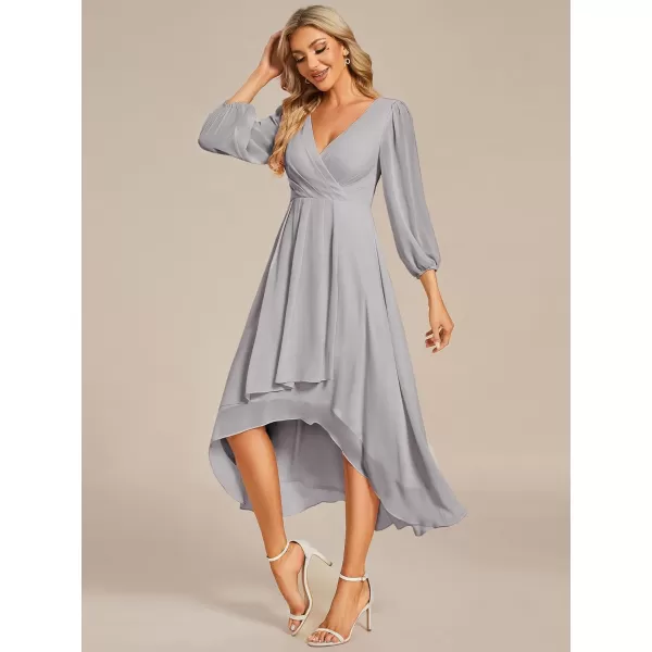 imageEverPretty Womens Chiffon V Neck Long Sleeves Pleated ALine Midi Length Wedding Guest Dress 01926Grey