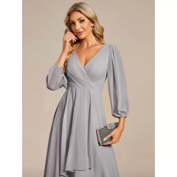 imageEverPretty Womens Chiffon V Neck Long Sleeves Pleated ALine Midi Length Wedding Guest Dress 01926Grey