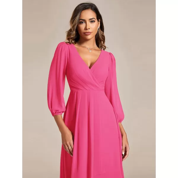 imageEverPretty Womens Chiffon V Neck Long Sleeves Pleated ALine Midi Length Wedding Guest Dress 01926Hot Pink