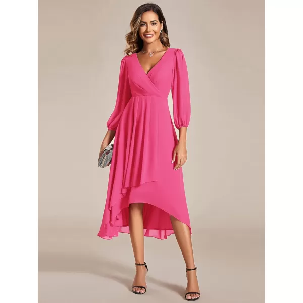 imageEverPretty Womens Chiffon V Neck Long Sleeves Pleated ALine Midi Length Wedding Guest Dress 01926Hot Pink