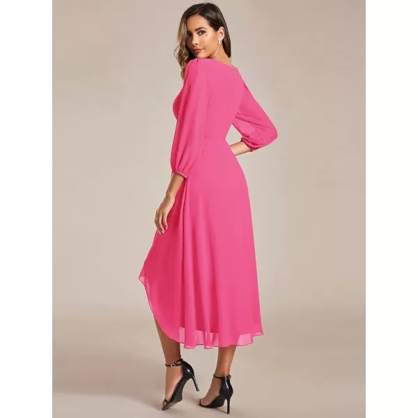 imageEverPretty Womens Chiffon V Neck Long Sleeves Pleated ALine Midi Length Wedding Guest Dress 01926Hot Pink