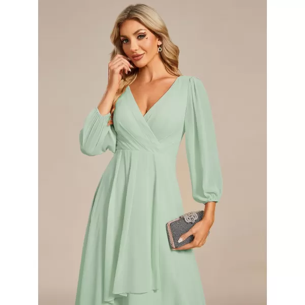 imageEverPretty Womens Chiffon V Neck Long Sleeves Pleated ALine Midi Length Wedding Guest Dress 01926Mint Green