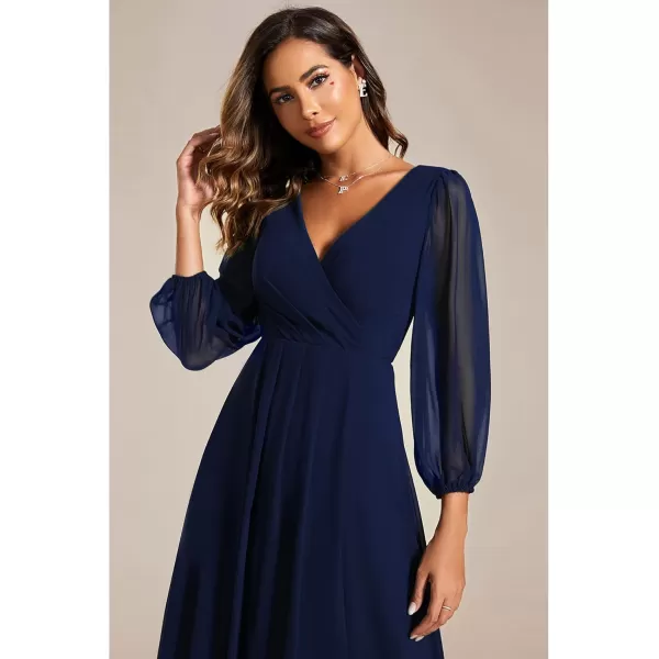 imageEverPretty Womens Chiffon V Neck Long Sleeves Pleated ALine Midi Length Wedding Guest Dress 01926Navy Blue