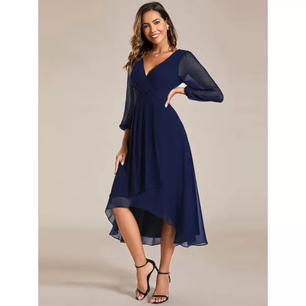 imageEverPretty Womens Chiffon V Neck Long Sleeves Pleated ALine Midi Length Wedding Guest Dress 01926Navy Blue