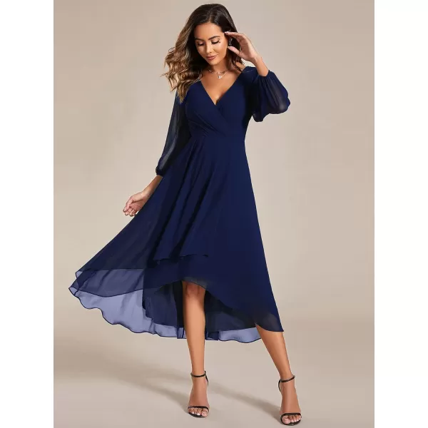 imageEverPretty Womens Chiffon V Neck Long Sleeves Pleated ALine Midi Length Wedding Guest Dress 01926Navy Blue