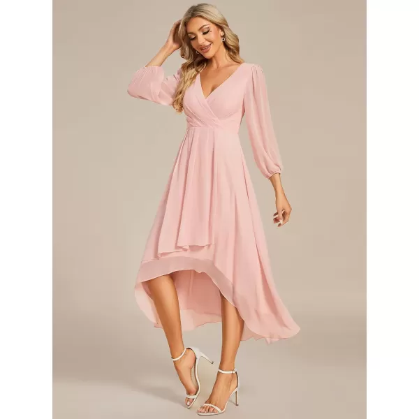 imageEverPretty Womens Chiffon V Neck Long Sleeves Pleated ALine Midi Length Wedding Guest Dress 01926Pink