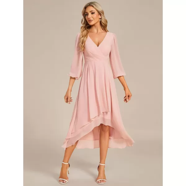 imageEverPretty Womens Chiffon V Neck Long Sleeves Pleated ALine Midi Length Wedding Guest Dress 01926Pink