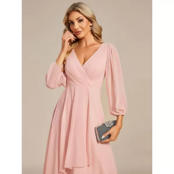 imageEverPretty Womens Chiffon V Neck Long Sleeves Pleated ALine Midi Length Wedding Guest Dress 01926Pink