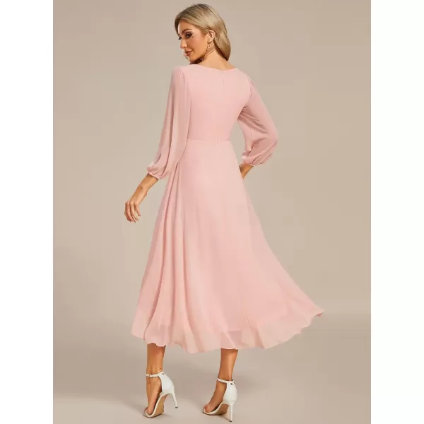 imageEverPretty Womens Chiffon V Neck Long Sleeves Pleated ALine Midi Length Wedding Guest Dress 01926Pink