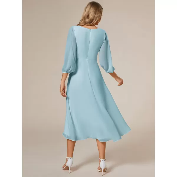 imageEverPretty Womens Chiffon V Neck Long Sleeves Pleated ALine Midi Length Wedding Guest Dress 01926Sky Blue