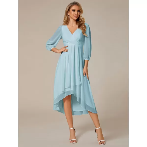 imageEverPretty Womens Chiffon V Neck Long Sleeves Pleated ALine Midi Length Wedding Guest Dress 01926Sky Blue