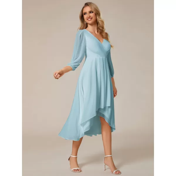 imageEverPretty Womens Chiffon V Neck Long Sleeves Pleated ALine Midi Length Wedding Guest Dress 01926Sky Blue