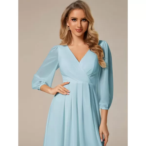 imageEverPretty Womens Chiffon V Neck Long Sleeves Pleated ALine Midi Length Wedding Guest Dress 01926Sky Blue