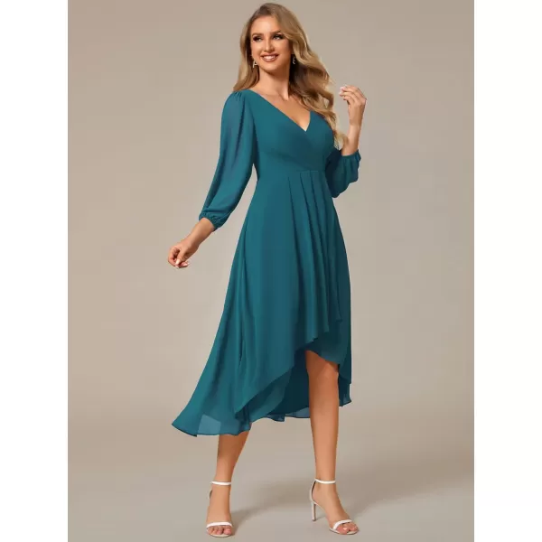 imageEverPretty Womens Chiffon V Neck Long Sleeves Pleated ALine Midi Length Wedding Guest Dress 01926Teal