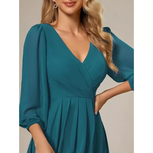 imageEverPretty Womens Chiffon V Neck Long Sleeves Pleated ALine Midi Length Wedding Guest Dress 01926Teal