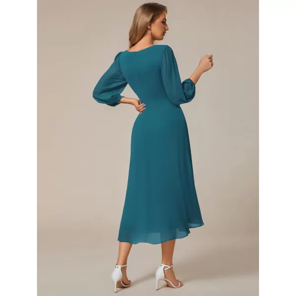 imageEverPretty Womens Chiffon V Neck Long Sleeves Pleated ALine Midi Length Wedding Guest Dress 01926Teal