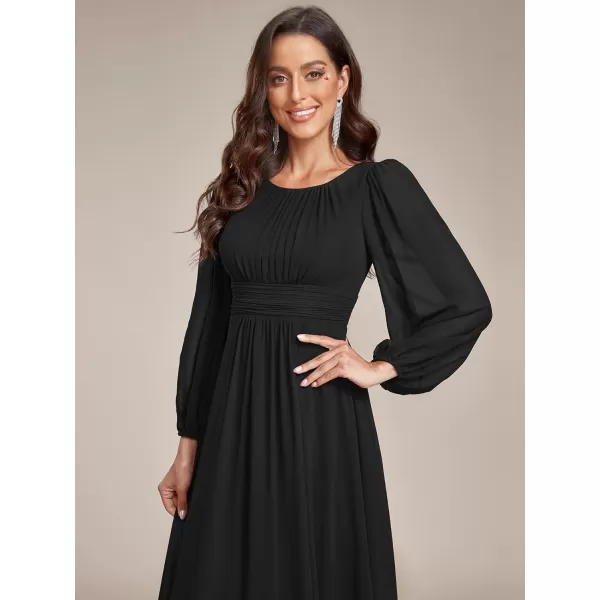 imageEverPretty Womens Crewneck Lantern Sleeves ALine Pleated Chiffon Maxi Formal Dress 0106BBlack