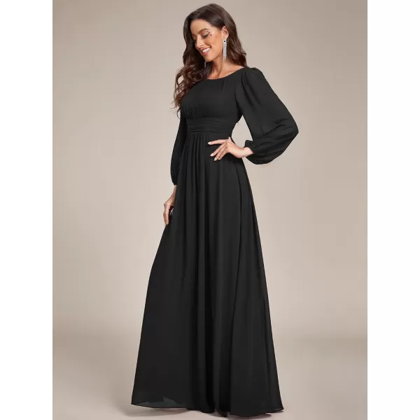 imageEverPretty Womens Crewneck Lantern Sleeves ALine Pleated Chiffon Maxi Formal Dress 0106BBlack