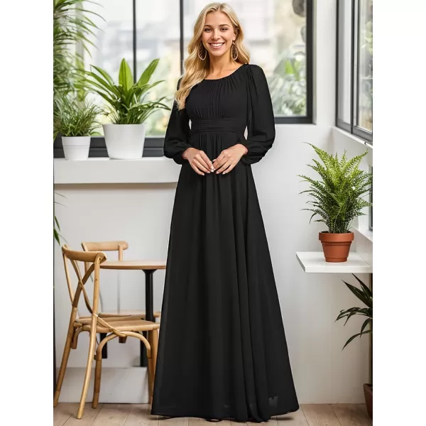 imageEverPretty Womens Crewneck Lantern Sleeves ALine Pleated Chiffon Maxi Formal Dress 0106BBlack