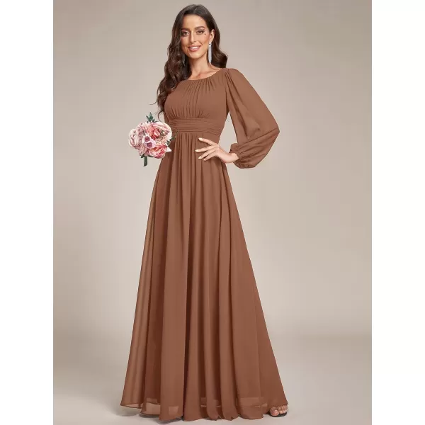 imageEverPretty Womens Crewneck Lantern Sleeves ALine Pleated Chiffon Maxi Formal Dress 0106BBrown