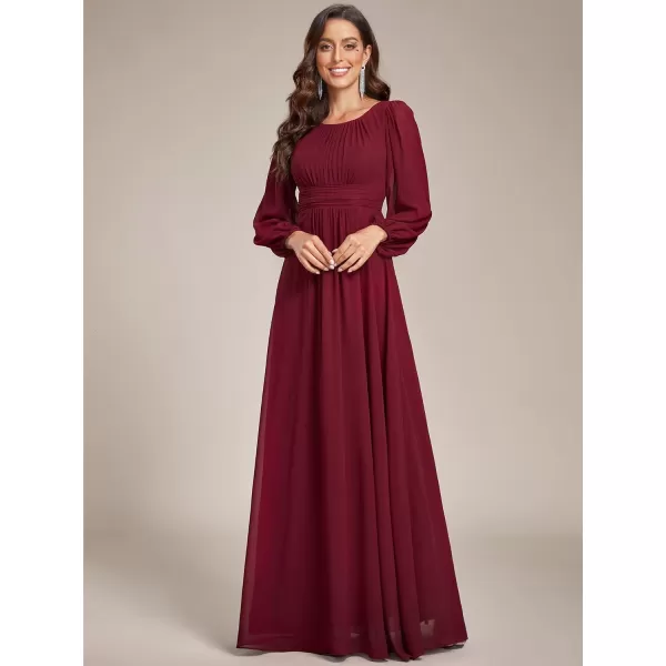 imageEverPretty Womens Crewneck Lantern Sleeves ALine Pleated Chiffon Maxi Formal Dress 0106BBurgundy