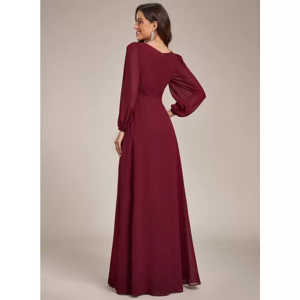 imageEverPretty Womens Crewneck Lantern Sleeves ALine Pleated Chiffon Maxi Formal Dress 0106BBurgundy