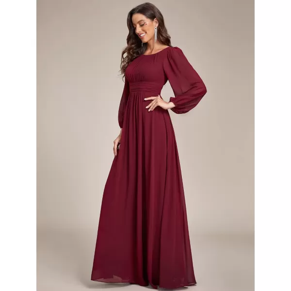 imageEverPretty Womens Crewneck Lantern Sleeves ALine Pleated Chiffon Maxi Formal Dress 0106BBurgundy