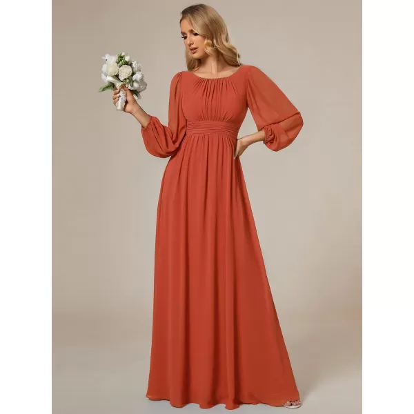 imageEverPretty Womens Crewneck Lantern Sleeves ALine Pleated Chiffon Maxi Formal Dress 0106BBurnt Orange