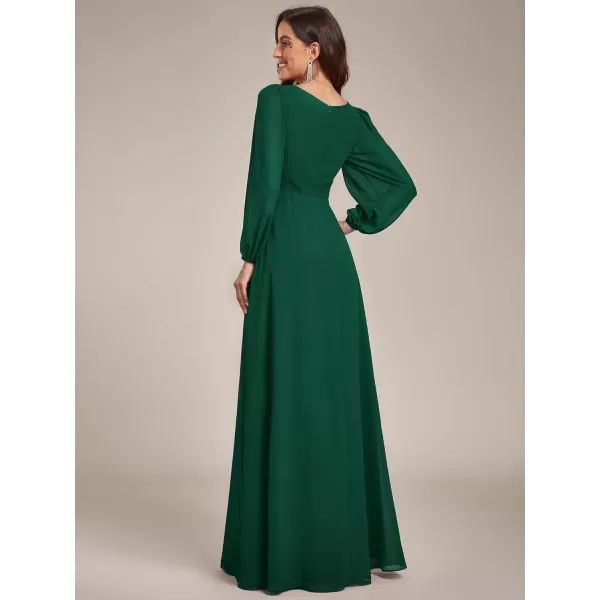 imageEverPretty Womens Crewneck Lantern Sleeves ALine Pleated Chiffon Maxi Formal Dress 0106BDark Green