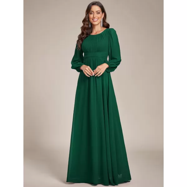 imageEverPretty Womens Crewneck Lantern Sleeves ALine Pleated Chiffon Maxi Formal Dress 0106BDark Green