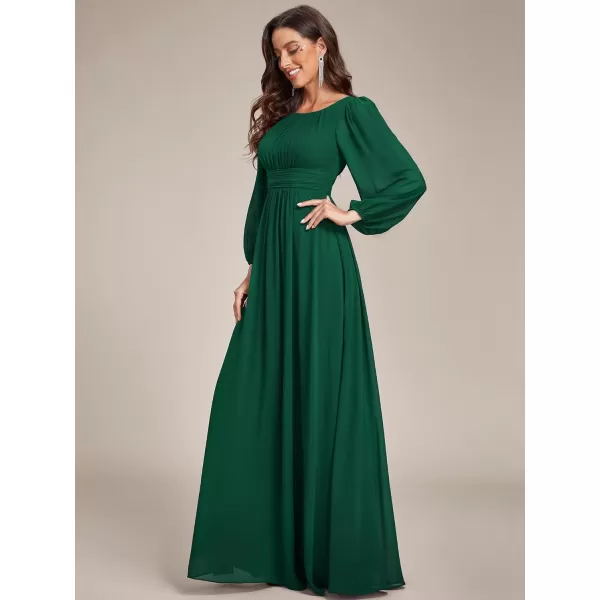 imageEverPretty Womens Crewneck Lantern Sleeves ALine Pleated Chiffon Maxi Formal Dress 0106BDark Green