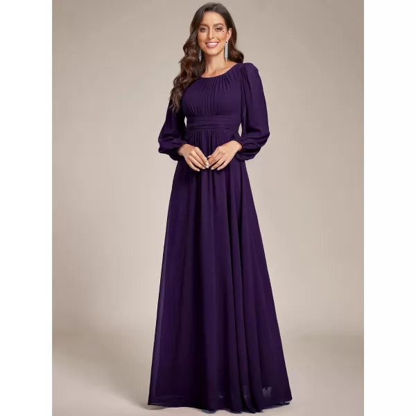 imageEverPretty Womens Crewneck Lantern Sleeves ALine Pleated Chiffon Maxi Formal Dress 0106BDeep Purple