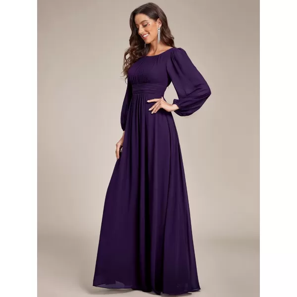 imageEverPretty Womens Crewneck Lantern Sleeves ALine Pleated Chiffon Maxi Formal Dress 0106BDeep Purple