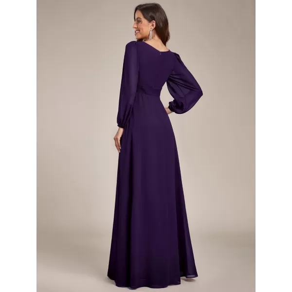 imageEverPretty Womens Crewneck Lantern Sleeves ALine Pleated Chiffon Maxi Formal Dress 0106BDeep Purple