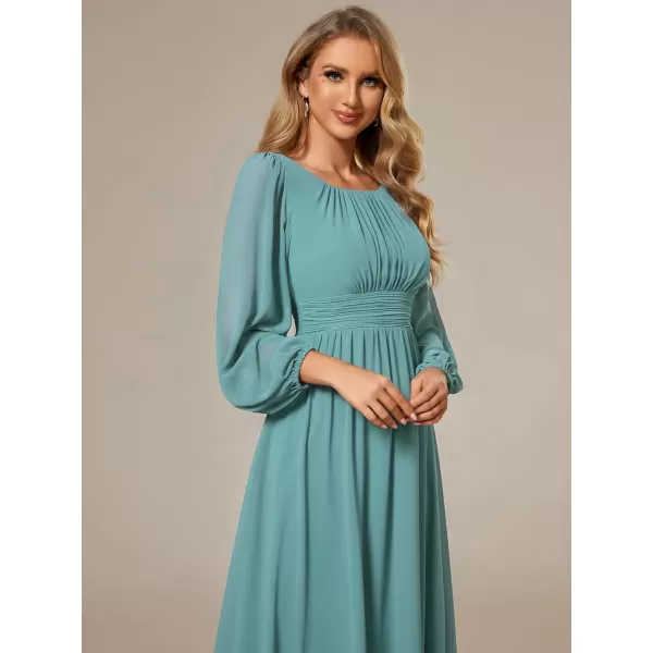 imageEverPretty Womens Crewneck Lantern Sleeves ALine Pleated Chiffon Maxi Formal Dress 0106BDusty Blue