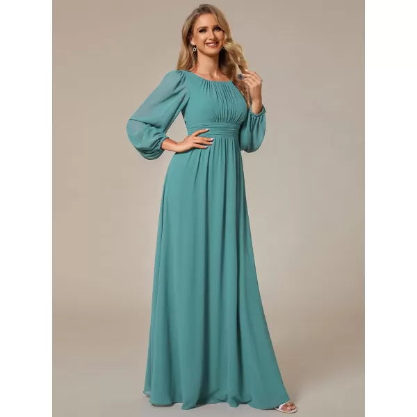 imageEverPretty Womens Crewneck Lantern Sleeves ALine Pleated Chiffon Maxi Formal Dress 0106BDusty Blue