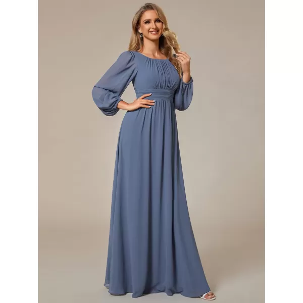 imageEverPretty Womens Crewneck Lantern Sleeves ALine Pleated Chiffon Maxi Formal Dress 0106BDusty Navy