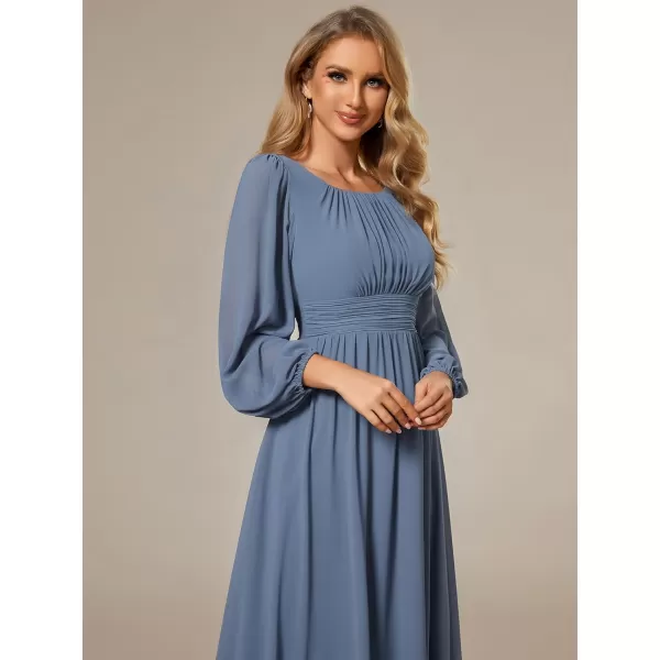 imageEverPretty Womens Crewneck Lantern Sleeves ALine Pleated Chiffon Maxi Formal Dress 0106BDusty Navy