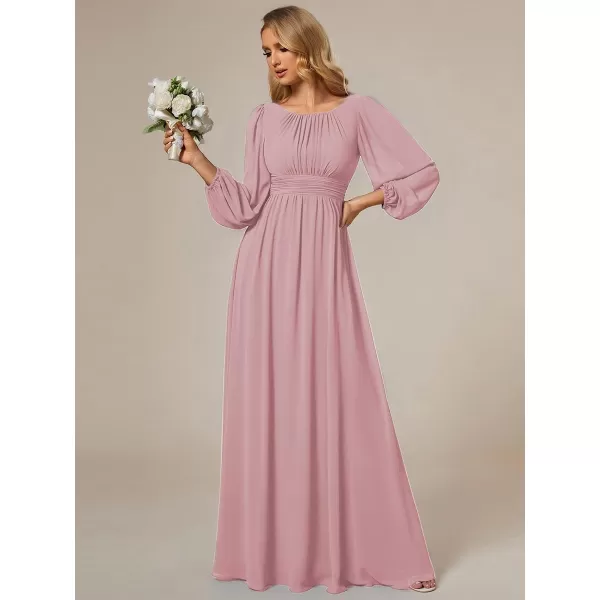 imageEverPretty Womens Crewneck Lantern Sleeves ALine Pleated Chiffon Maxi Formal Dress 0106BDusty Rose