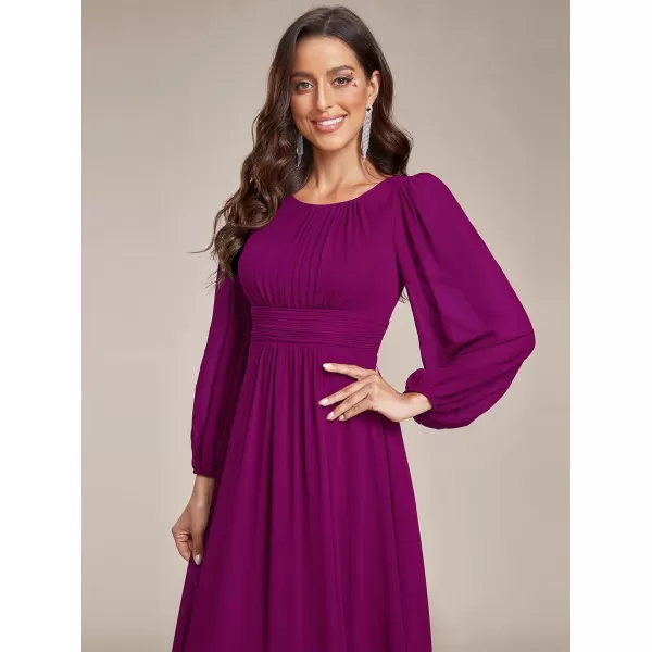 imageEverPretty Womens Crewneck Lantern Sleeves ALine Pleated Chiffon Maxi Formal Dress 0106BFuchsia