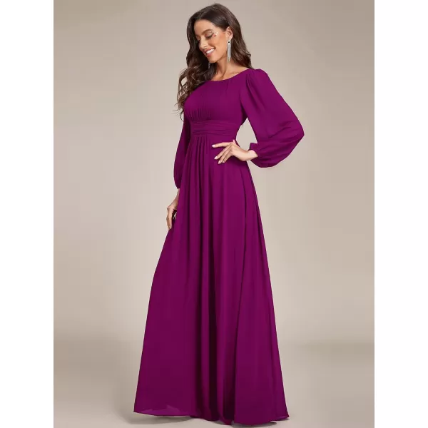 imageEverPretty Womens Crewneck Lantern Sleeves ALine Pleated Chiffon Maxi Formal Dress 0106BFuchsia