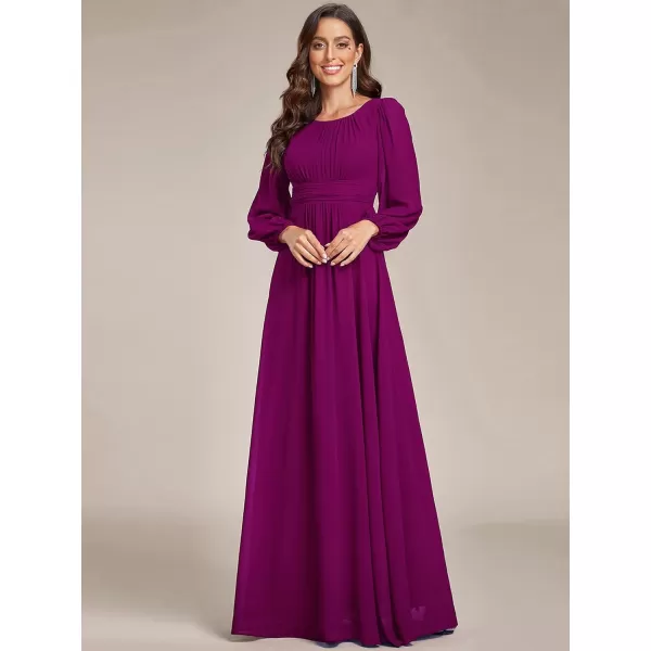 imageEverPretty Womens Crewneck Lantern Sleeves ALine Pleated Chiffon Maxi Formal Dress 0106BFuchsia