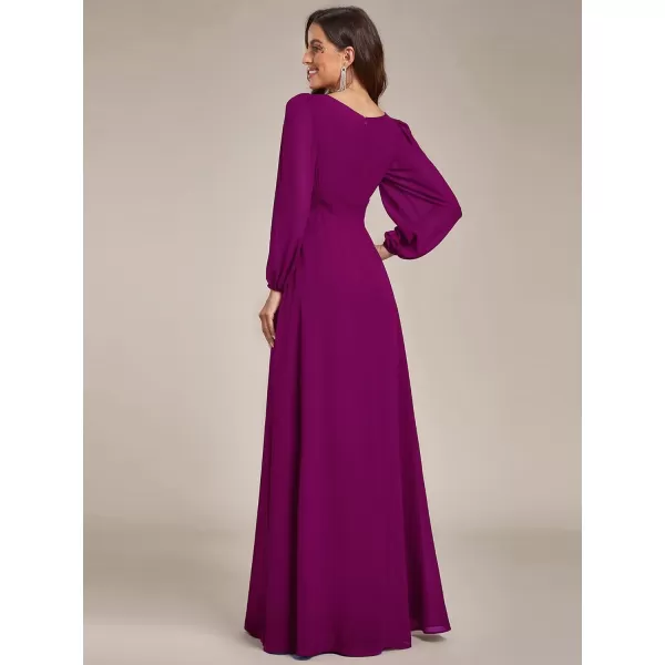 imageEverPretty Womens Crewneck Lantern Sleeves ALine Pleated Chiffon Maxi Formal Dress 0106BFuchsia