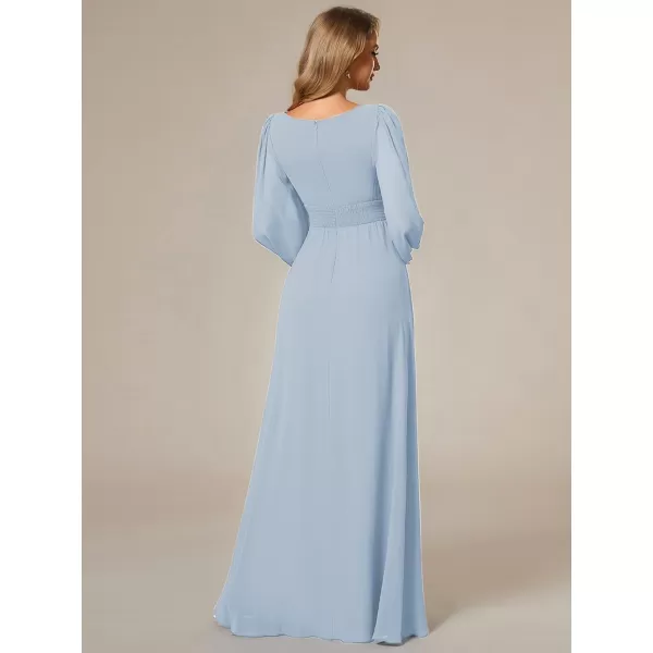 imageEverPretty Womens Crewneck Lantern Sleeves ALine Pleated Chiffon Maxi Formal Dress 0106BIce Blue