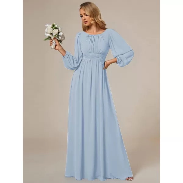 imageEverPretty Womens Crewneck Lantern Sleeves ALine Pleated Chiffon Maxi Formal Dress 0106BIce Blue