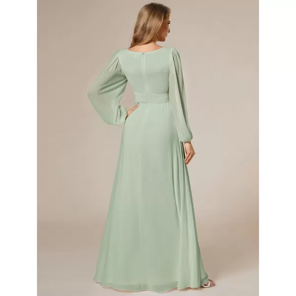 imageEverPretty Womens Crewneck Lantern Sleeves ALine Pleated Chiffon Maxi Formal Dress 0106BMint Green