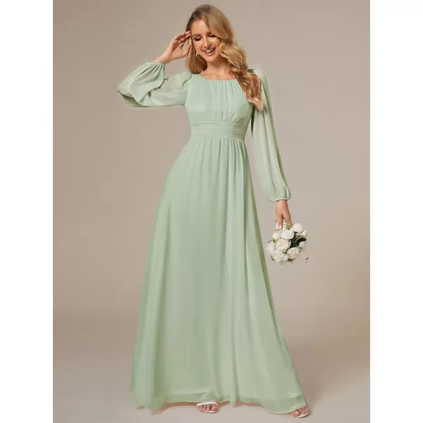 imageEverPretty Womens Crewneck Lantern Sleeves ALine Pleated Chiffon Maxi Formal Dress 0106BMint Green