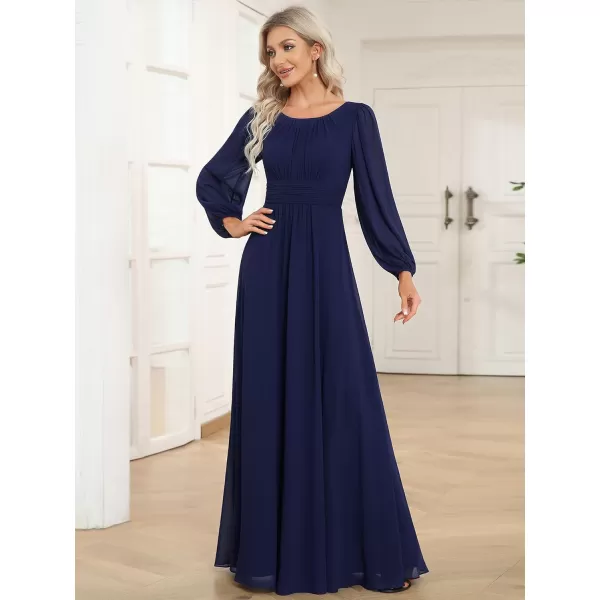 imageEverPretty Womens Crewneck Lantern Sleeves ALine Pleated Chiffon Maxi Formal Dress 0106BNavy Blue