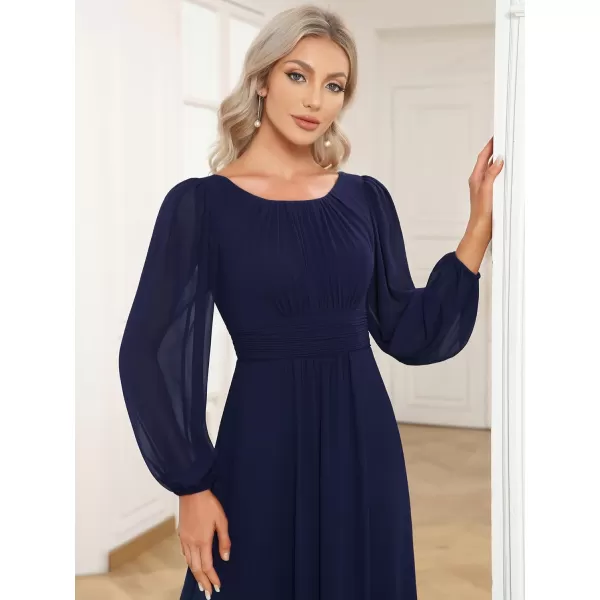 imageEverPretty Womens Crewneck Lantern Sleeves ALine Pleated Chiffon Maxi Formal Dress 0106BNavy Blue